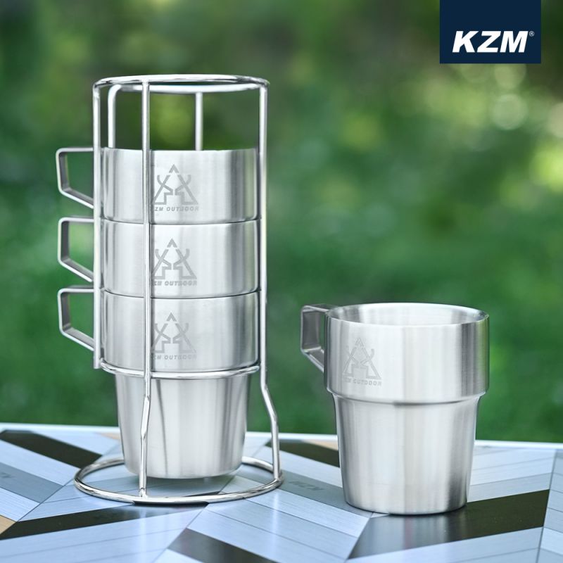 KZM 不鏽鋼雙層馬克杯4入組(藍灰色)